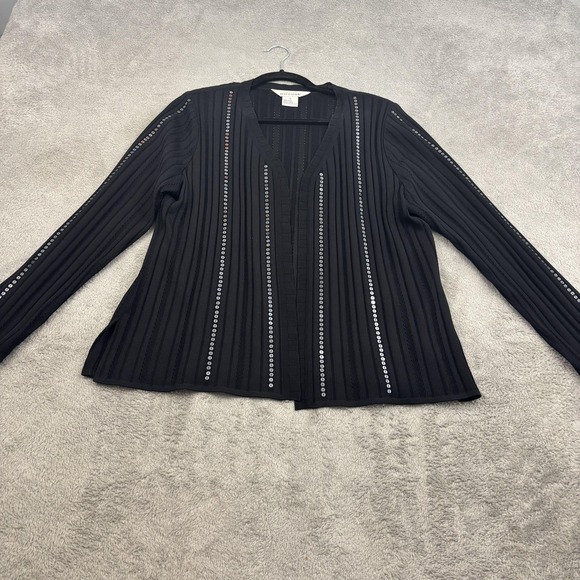 Exclusively Misook Open Front Ribbed Knit Sequin Cardigan Womens L Black Mature